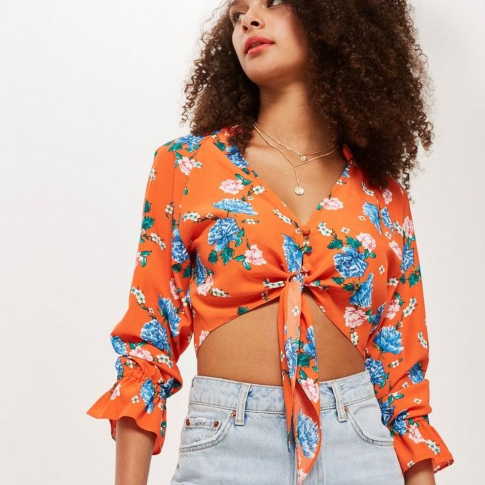 Topshop Orange Floral Tie Plunge Crop Top